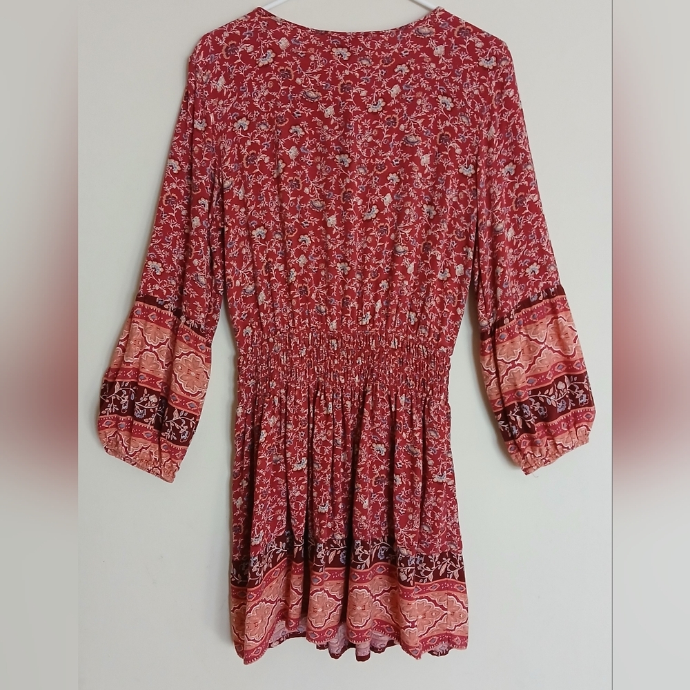 American Eagle Red and Orange Long Sleeve Floral Boho Mini Dress - Picture 8 of 12